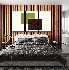 Trio de Quadros Abstrato Geométrico Minimalista Verde Vinho Canvas Moldura