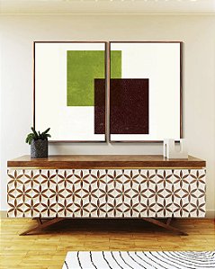 Duo de Quadros Abstrato Geométrico Minimalista Verde Vinho Canvas Moldura
