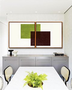 Duo de Quadros Quadrados Abstrato Geométrico Minimalista Verde Vinho Canvas Moldura