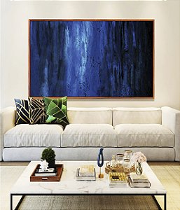 Quadro Horizontal Abstrato Tons de Azul Efeito Pintura Canvas Moldura