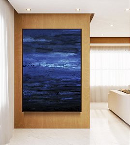 Quadro Vertical Abstrato Tons de Azul Efeito Pintura Canvas Moldura
