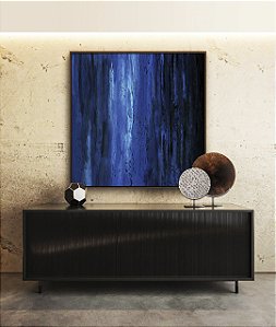 Quadro Quadrado Abstrato Tons de Azul Efeito Pintura Canvas Moldura