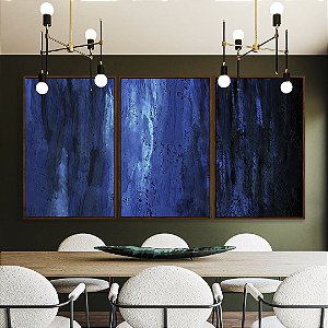 Trio de Quadros Abstrato Tons de Azul Efeito Pintura Canvas Moldura