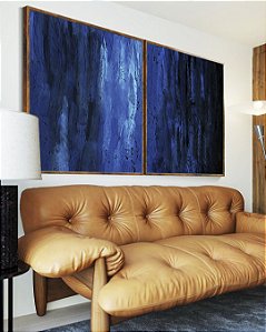 Duo de Quadros Abstrato Tons de Azul Efeito Pintura Canvas Moldura