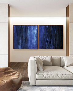 Duo de Quadros Quadrados Abstrato Tons de Azul Efeito Pintura Canvas Moldura