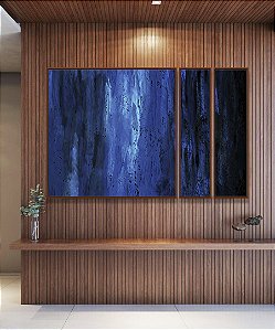 Trio de Quadros Estilizados Abstrato Tons de Azul Efeito Pintura Canvas Moldura