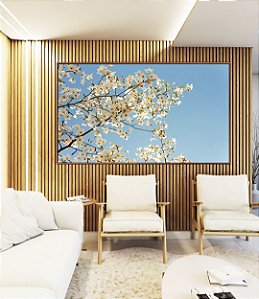 Quadro Horizontal Árvore Flores Brancas Céu Azul Paisagem Canvas Moldura