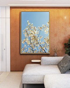 Quadro Vertical Árvore Flores Brancas Céu Azul Paisagem Canvas Moldura
