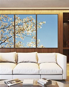 Trio de Quadros Árvore Flores Brancas Céu Azul Paisagem Canvas Moldura