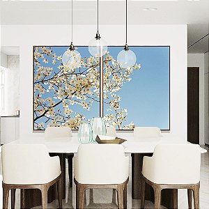 Duo de Quadros Árvore Flores Brancas Céu Azul Paisagem Canvas Moldura