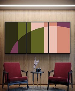 Trio de Quadros Abstrato Geométrico Rosa Verde Arte Canvas Moldura