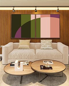 Duo de Quadros Quadrados Abstrato Geométrico Rosa Verde Arte Canvas Moldura