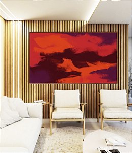 Quadro Horizontal Abstrato Vermelho Marrom Roxo Efeito Pintura Canvas Moldura