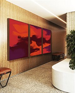 Trio de Quadros Abstrato Vermelho Marrom Roxo Efeito Pintura Canvas Moldura