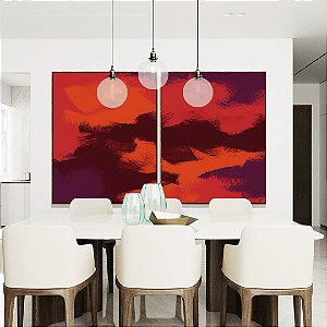 Duo de Quadros Abstrato Vermelho Marrom Roxo Efeito Pintura Canvas Moldura