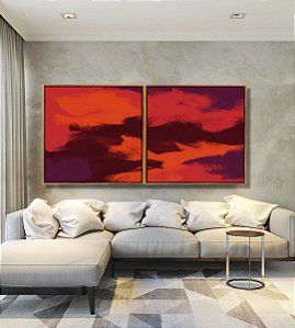 Duo de Quadros Quadrados Abstrato Vermelho Marrom Roxo Efeito Pintura Canvas Moldura