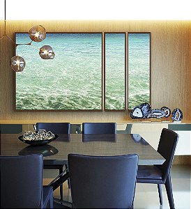 Trio de Quadros Estilizados Mar Calmo Cristalino Turquesa Natureza Canvas Moldura