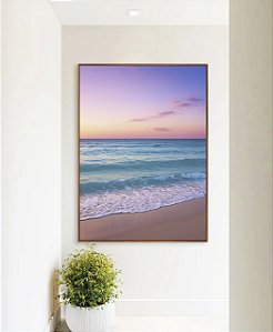 Quadro Vertical Por do Sol Lilás em Praia de Mar Azul Natureza Canvas Moldura