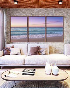 Trio de Quadros Por do Sol Lilás em Praia de Mar Azul Natureza Canvas Moldura