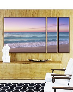 Trio de Quadros Estilizados Por do Sol Lilás em Praia de Mar Azul Natureza Canvas Moldura