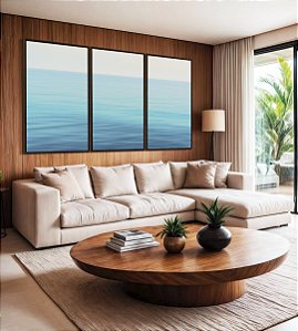 Trio de Quadros Mar Azul Claro e Calmo Natureza Canvas Moldura