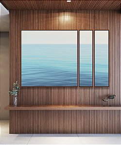 Trio de Quadros Estilizados Mar Azul Claro e Calmo Natureza Canvas Moldura