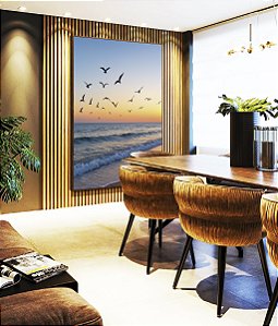 Quadro Vertical Praia de Mar Azul e Pássaros no céu Natureza Canvas Moldura