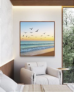 Quadro Quadrado Pássaros Voando em Praia de Mar e Céu Claro Natureza Canvas Moldura