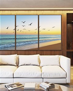 Trio de Quadros Pássaros Voando em Praia de Mar e Céu Claro Natureza Canvas Moldura