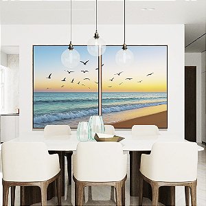 Duo de Quadros Pássaros Voando em Praia de Mar e Céu Claro Natureza Canvas Moldura