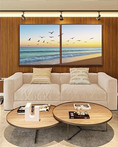 Duo de Quadros Quadrados Pássaros Voando em Praia de Mar e Céu Claro Natureza Canvas Moldura