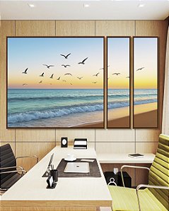 Trio de Quadros Estilizados Pássaros Voando em Praia de Mar e Céu Claro Natureza Canvas Moldura
