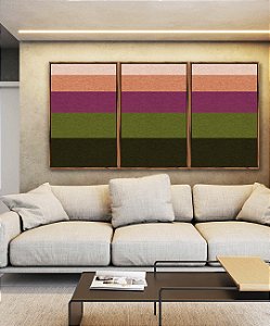 Trio de Quadros Abstrato Geométrico Listras Rosa Verde Canvas Moldura