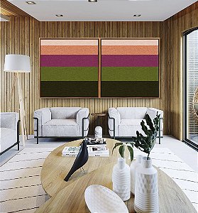 Duo de Quadros Quadrados Abstrato Geométrico Listras Rosa Verde Canvas Moldura