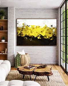 Quadro Horizontal Abstrato Mosaico Dourado Marrom Branco Canvas Moldura