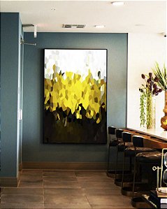 Quadro Vertical Abstrato Mosaico Dourado Marrom Branco Canvas Moldura