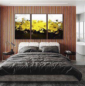 Trio de Quadros Abstrato Mosaico Dourado Marrom Branco Canvas Moldura