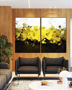 Duo de Quadros Abstrato Mosaico Dourado Marrom Branco Canvas Moldura
