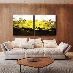 Duo de Quadros Quadrados Abstrato Mosaico Dourado Marrom Branco Canvas Moldura