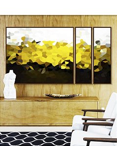Trio de Quadros Estilizados Abstrato Mosaico Dourado Marrom Branco Canvas Moldura