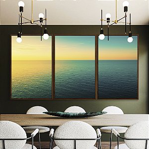 Trio de Quadros Mar Turquesa Calmo e Pôr do Sol Natureza Canvas Moldura