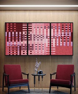Trio de Quadros Abstrato Mosaico Geométrico Vermelho Rosa Vinho Canvas Moldura