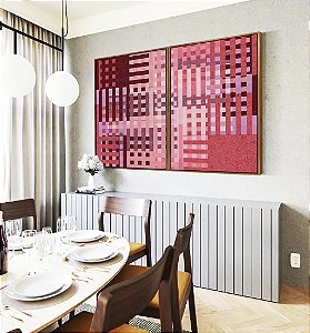 Duo de Quadros Abstrato Mosaico Geométrico Vermelho Rosa Vinho Canvas Moldura