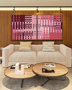 Duo de Quadros Quadrados Abstrato Mosaico Geométrico Vermelho Rosa Vinho Canvas Moldura
