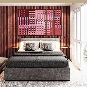 Trio de Quadros Estilizados Abstrato Mosaico Geométrico Vermelho Rosa Vinho Canvas Moldura