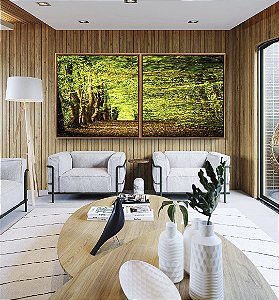 Duo de Quadros Quadrados Caminho Entre Árvores Floresta Natureza Canvas Moldura