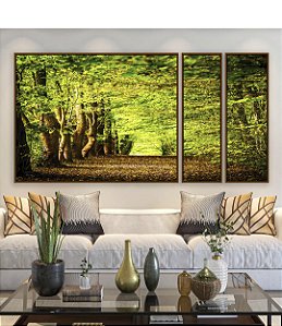 Trio de Quadros Estilizados Caminho Entre Árvores Floresta Natureza Canvas Moldura