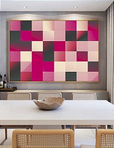 Quadro Horizontal Abstrato Geométrico Degradê Mosaico Rosa Canvas Moldura
