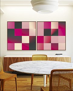 Duo de Quadros Quadrados Abstrato Geométrico Degradê Mosaico Rosa Canvas Moldura
