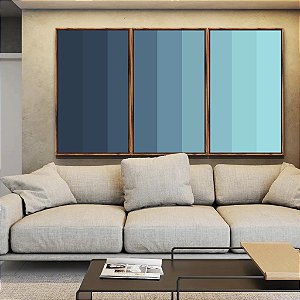 Trio de Quadros Abstrato Degradê Geométrico Azul Turquesa Canvas Moldura